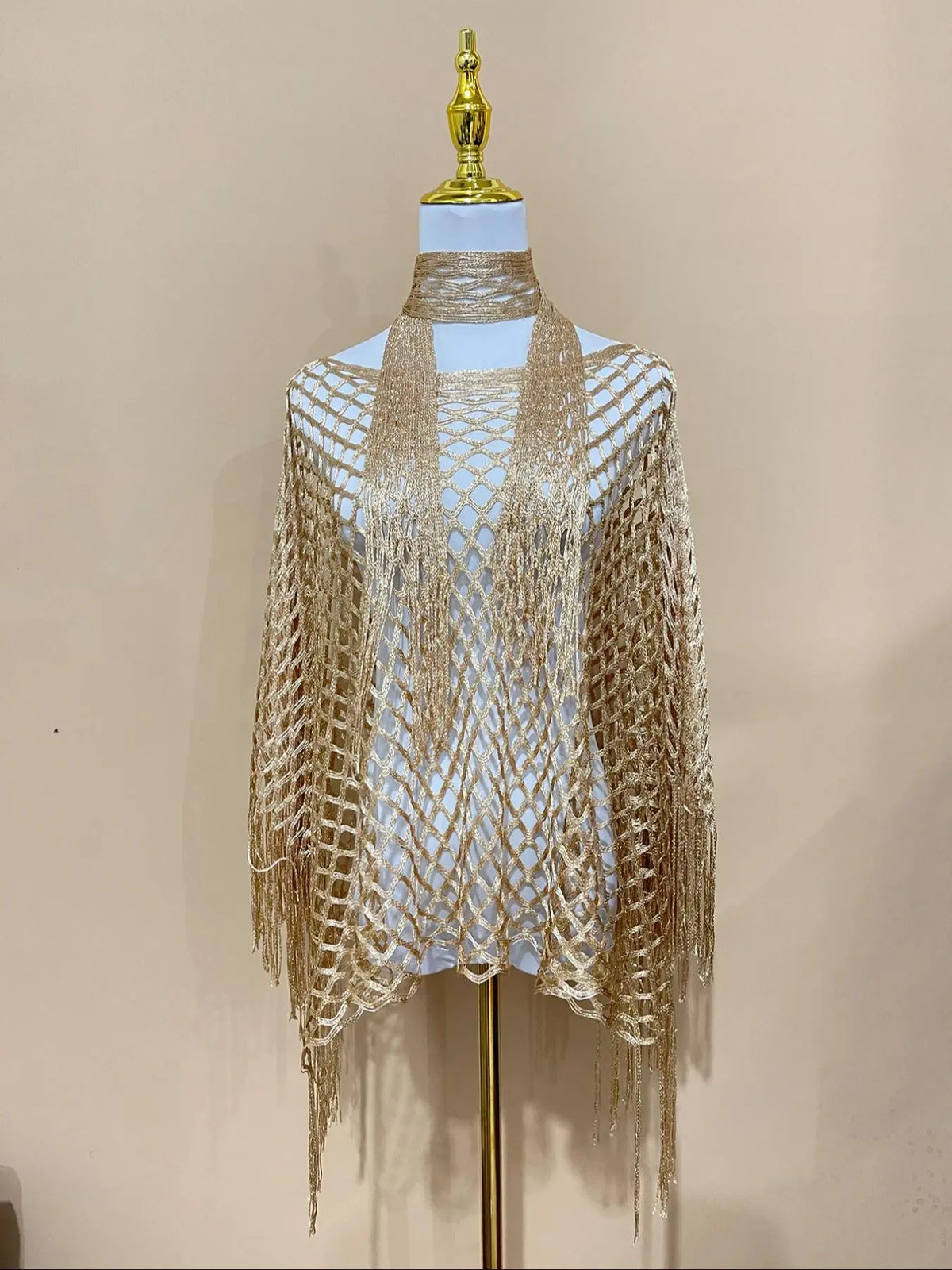Gold Open Knit Fringe Shawl and Scarf Set