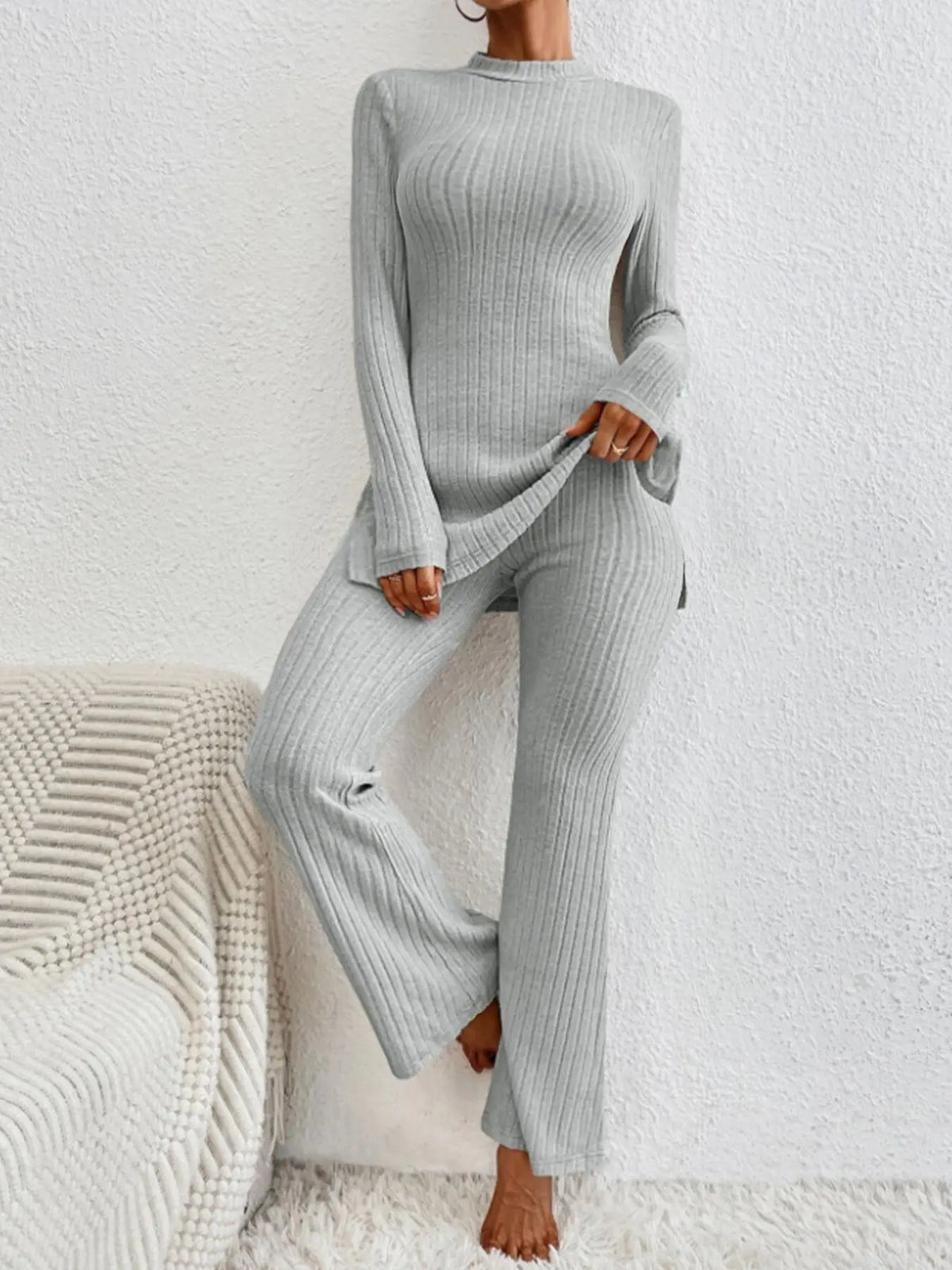 Grey Ribbed Knit Top and Flared Trousers Set