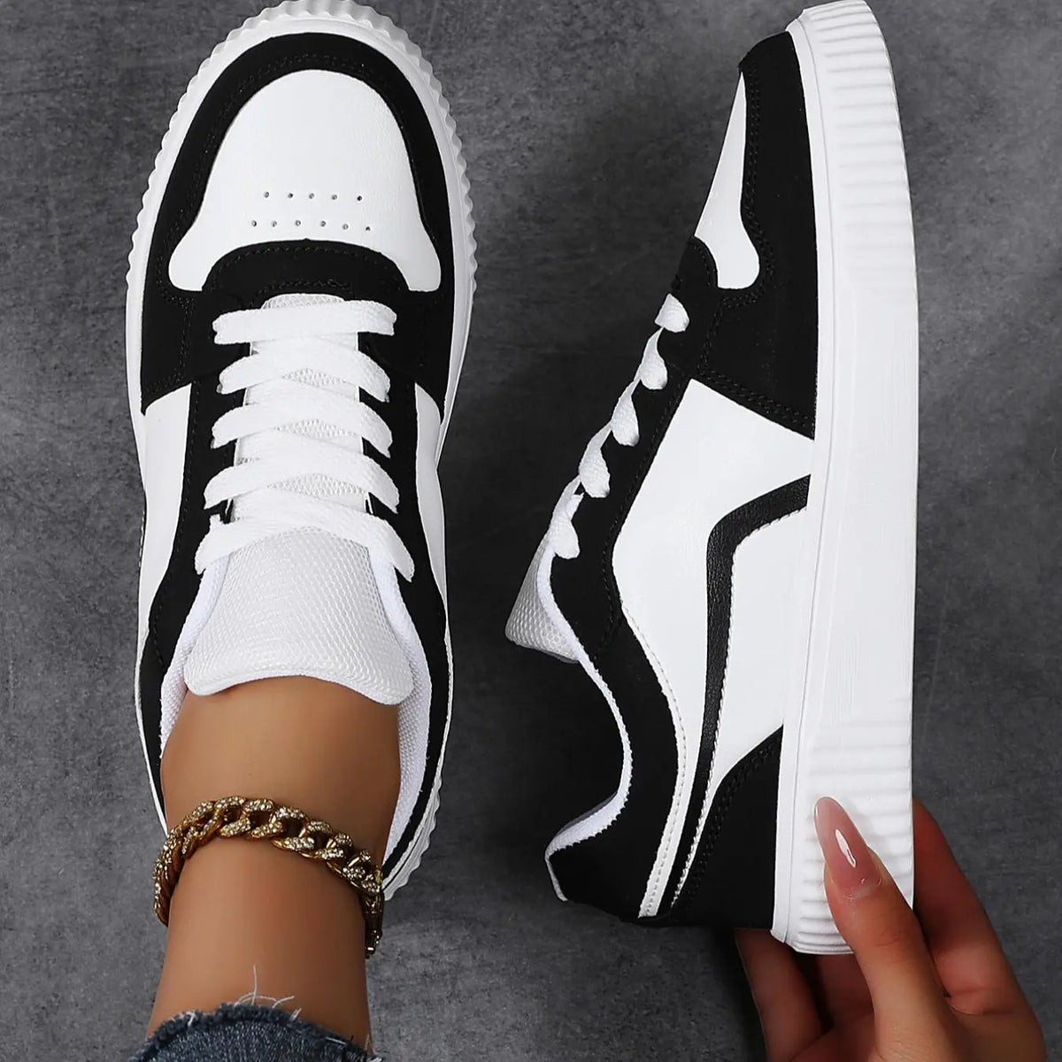 White and Beige Lace-Up Platform Sneakers