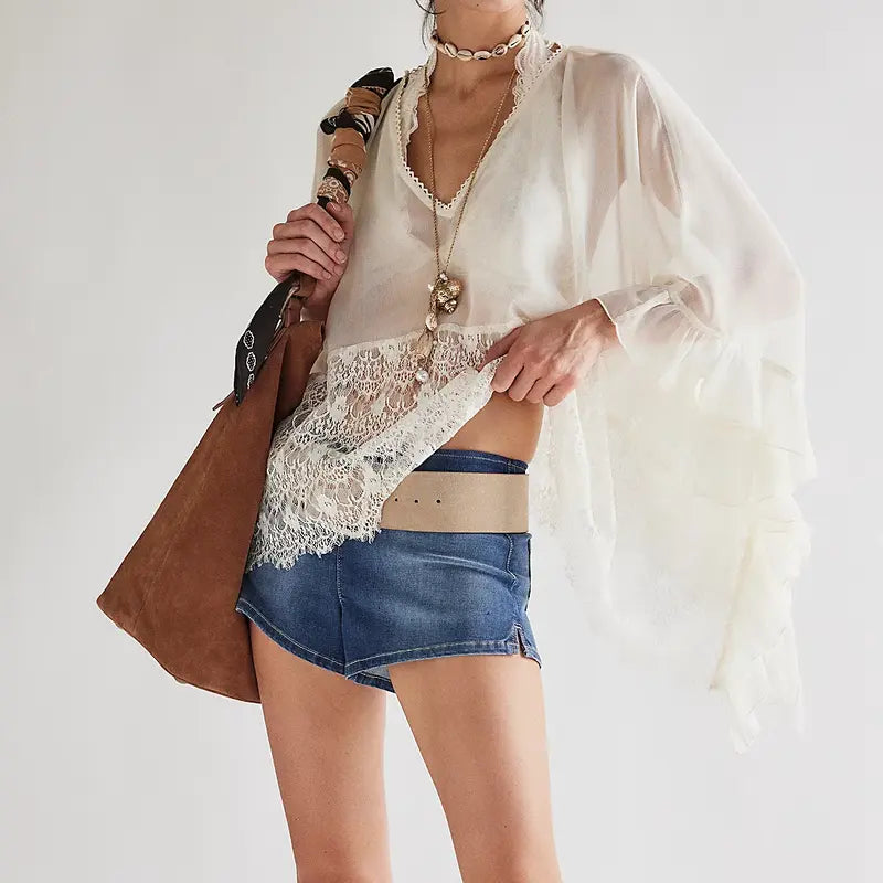 Cream Lace Trim Flowy Batwing Blouse