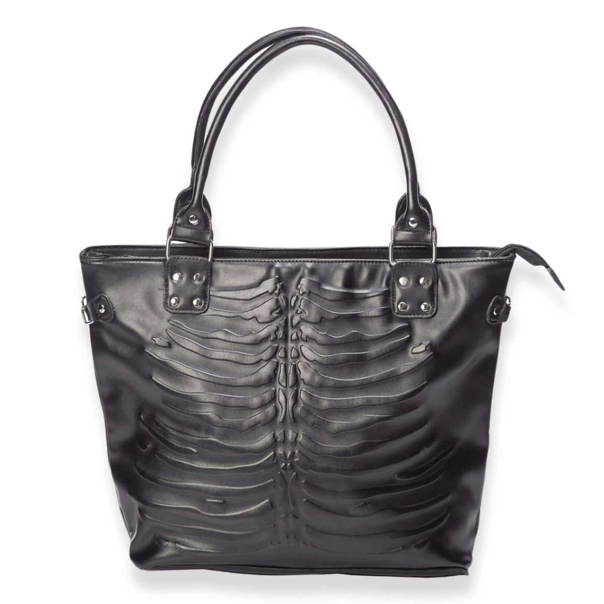 Black Faux Leather Tote with Embossed Rib Pattern