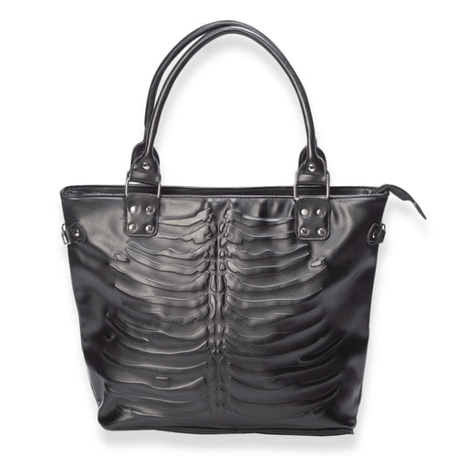Black Faux Leather Tote with Embossed Rib Pattern