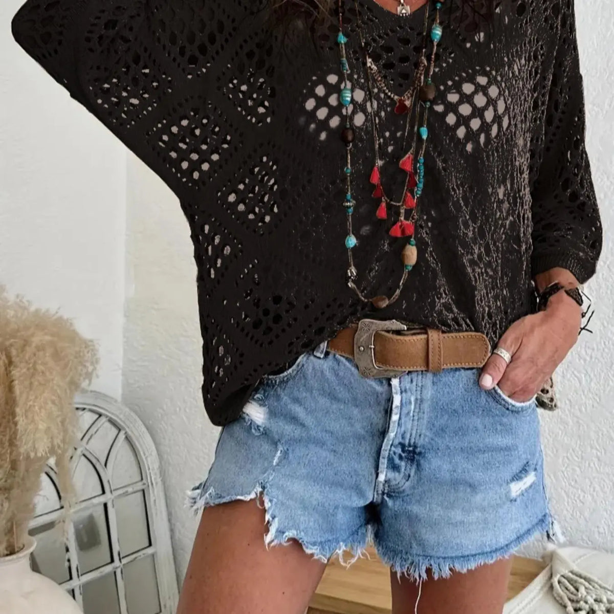 White Open-Knit V-Neck Loose Top