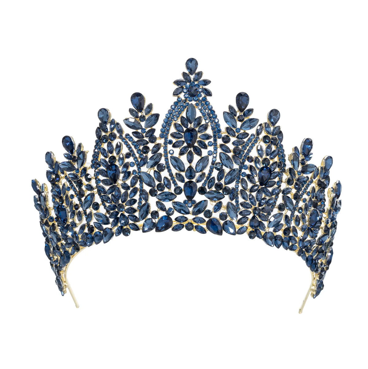 Navy Blue Crystal Leaf Tiara with Gold Frame