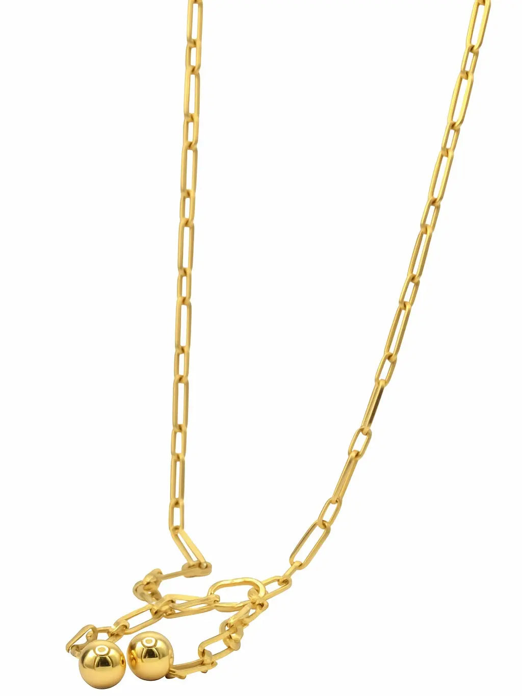 Gold Tone Paperclip Chain Necklace with Ball Beads