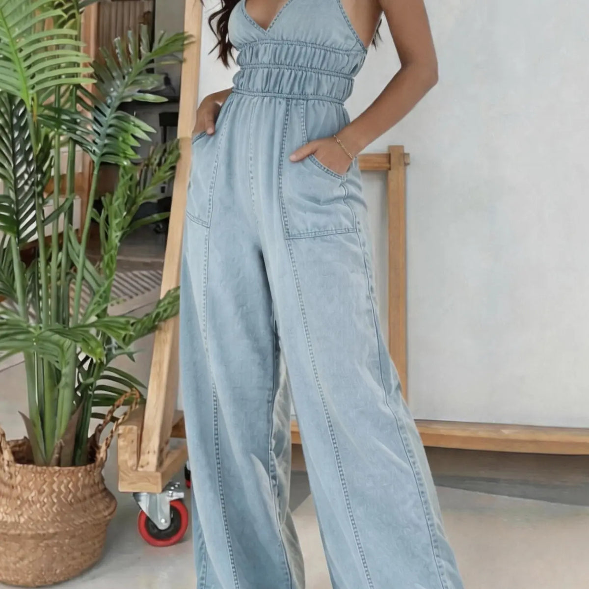 Light Wash Denim Jumpsuit with Wide Legs
