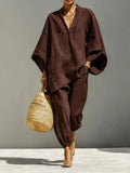Brown Linen-Look V Neck Top and Pants Set