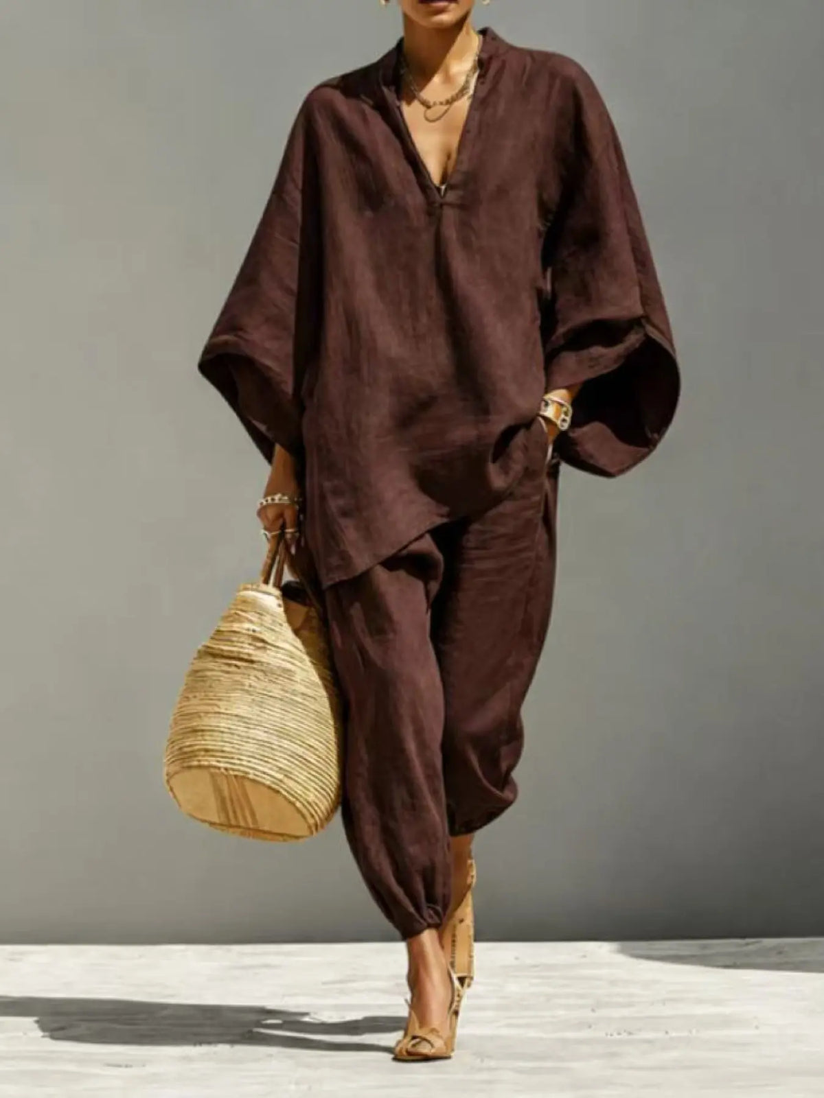 Brown Linen-Look V Neck Top and Pants Set