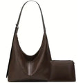 Dark Brown Faux Leather Hobo Shoulder Bag with Pouch