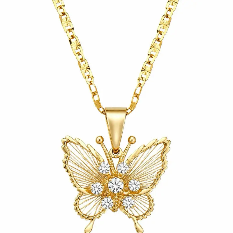 Gold-Tone Butterfly Pendant Necklace with Clear Stones
