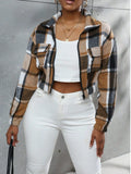 Brown and Black Plaid Cropped Zip Jacket