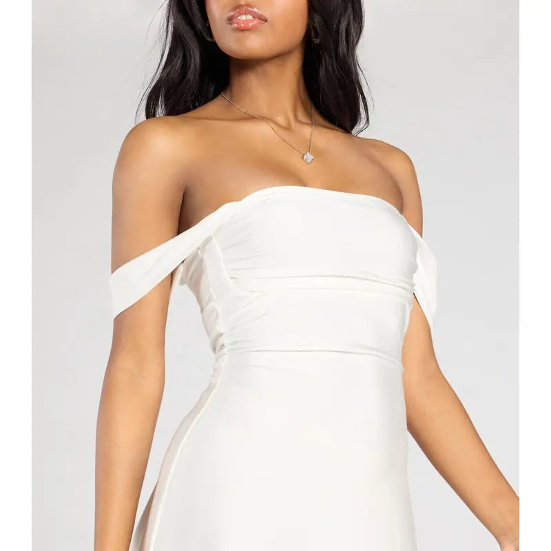 Olive Green Satin Off-Shoulder Mini Dress