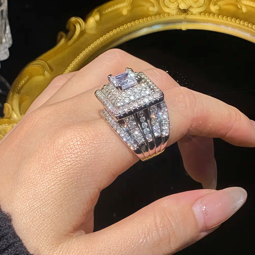 Silver-Tone Ring with Square Clear Stone Cluster