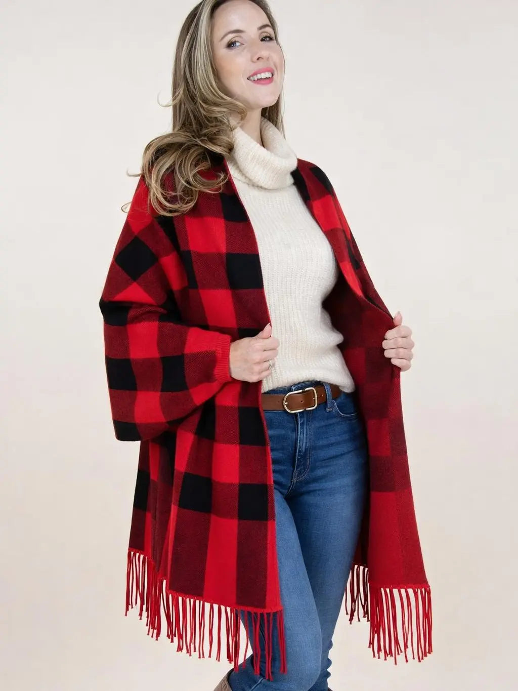 Red and Black Buffalo Check Fringe Shawl Wrap