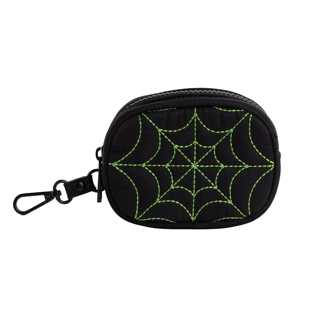 Black Quilted Zip Pouch with Green Web Stitching