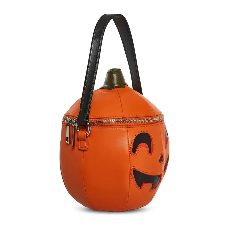Orange Pumpkin-Shaped Handbag With Carved Face and Zipper