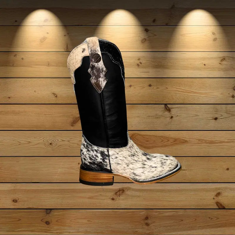 Cowhide Print Western Boots With Black Leather Shaft