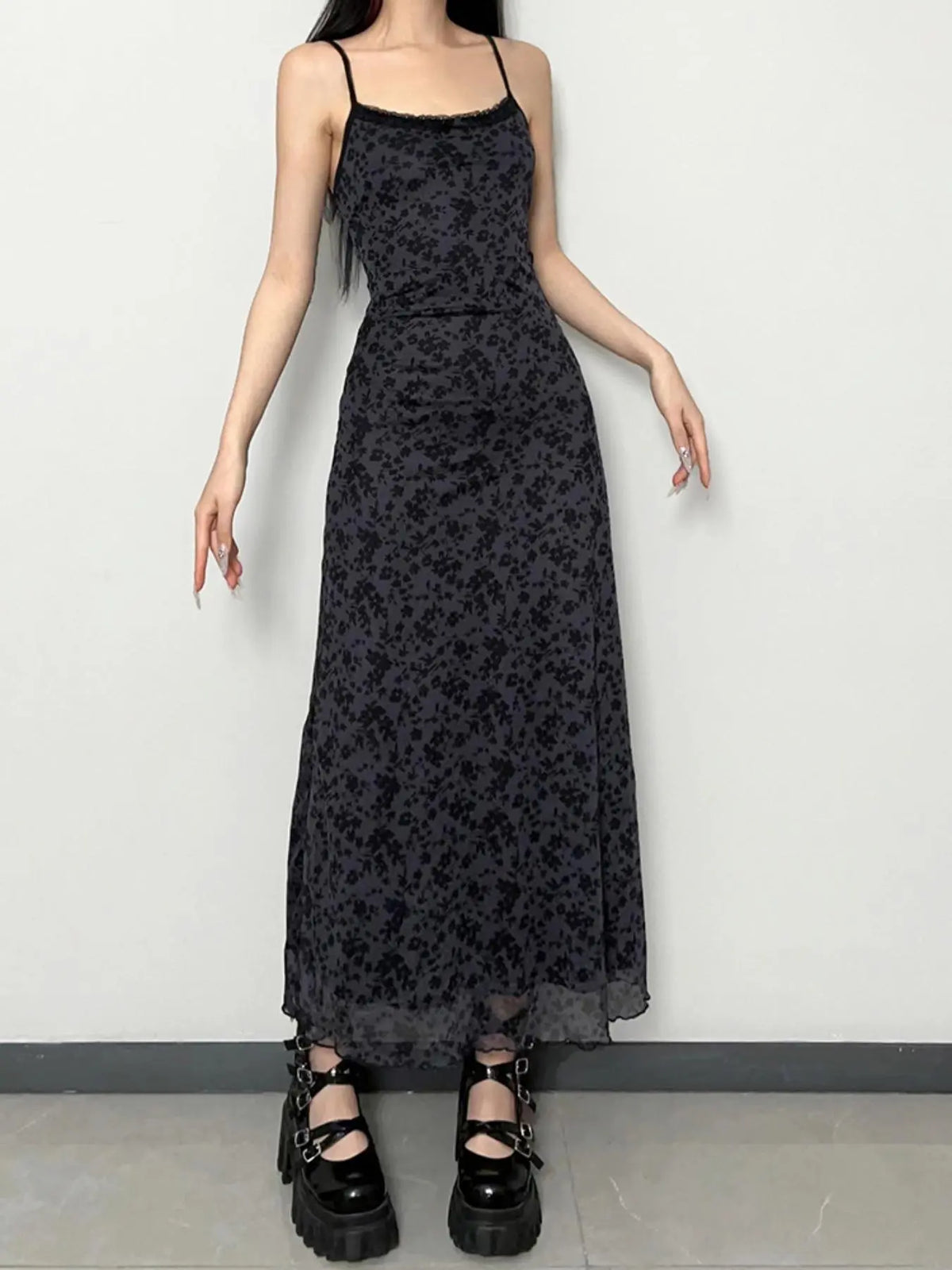 Black Floral Mesh Maxi Slip Dress with Lace Trim