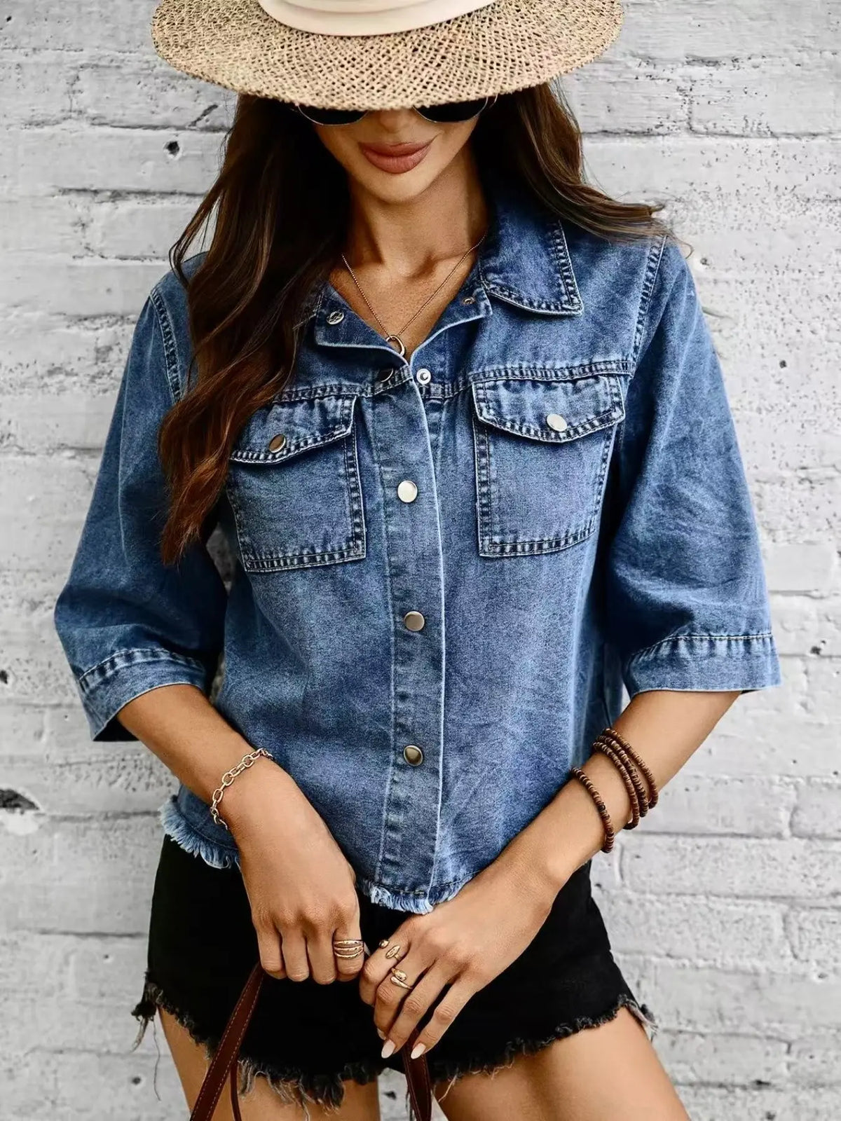 Blue Denim Cropped Jacket with Chest Pockets