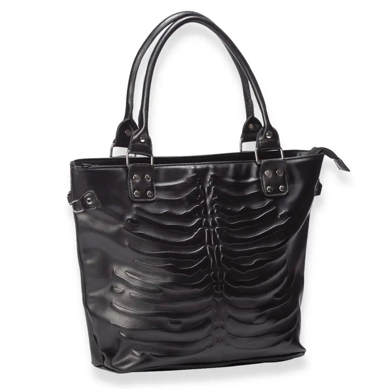 Black Faux Leather Tote with Embossed Rib Pattern