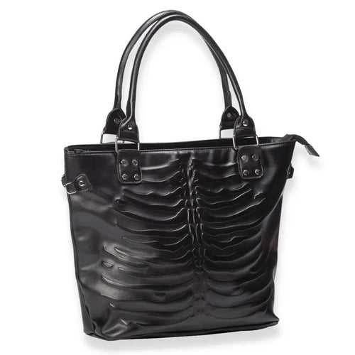 Black Faux Leather Tote with Embossed Rib Pattern