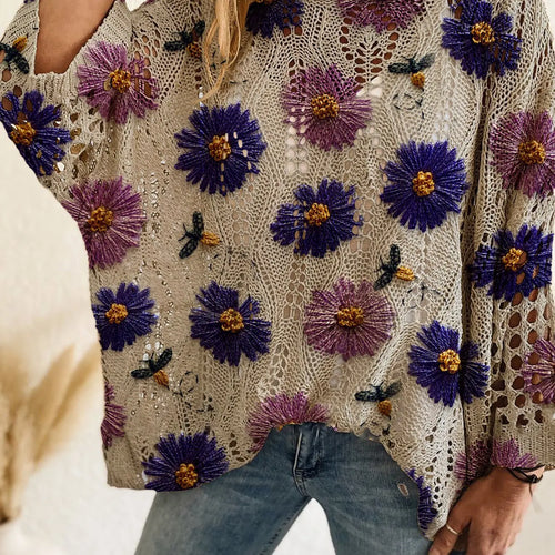 Beige Open Knit Top with Blue Flower Embroidery