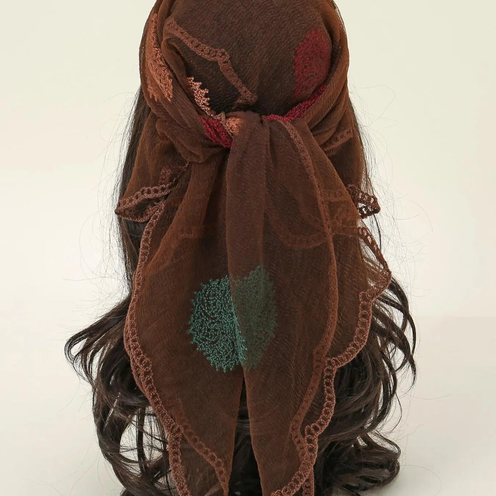 Rust Brown Lace Embroidered Square Head Scarf