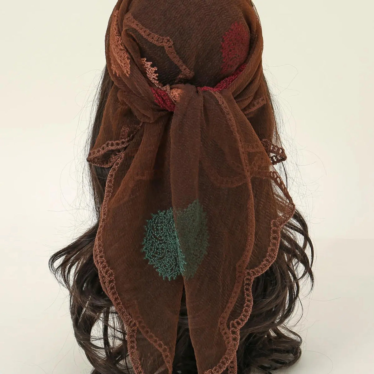 Rust Brown Lace Embroidered Square Head Scarf