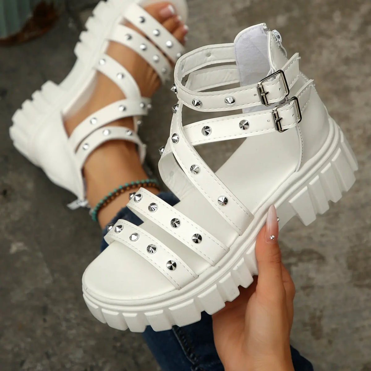Black Studded Strappy Platform Sandals