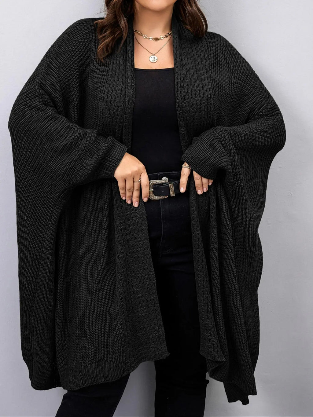Black Ribbed Knit Open Front Batwing Cardigan