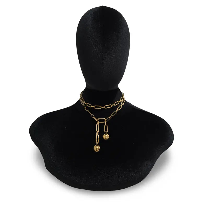 Gold Tone Paperclip Chain Necklace with Ball Beads