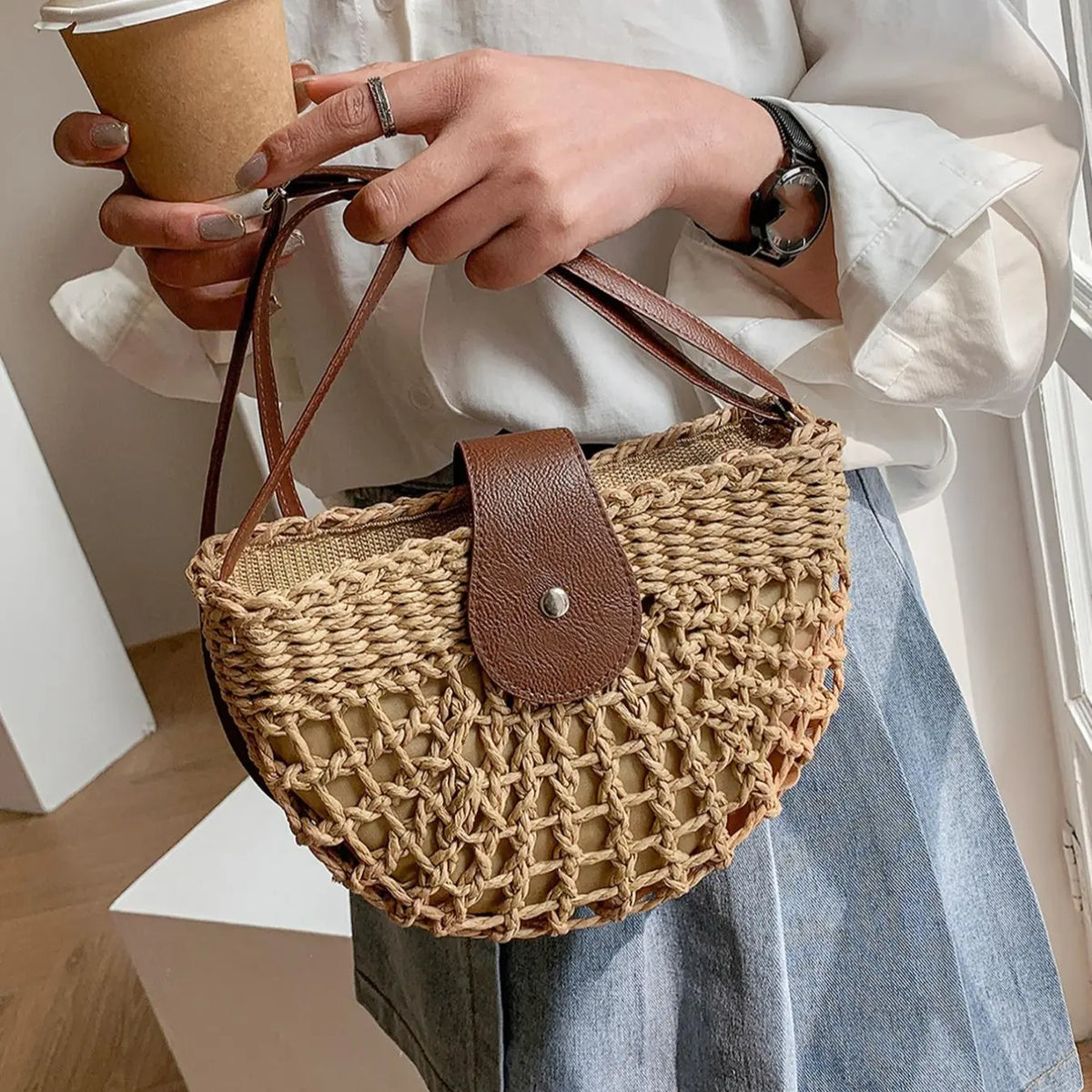 Half-Round Woven Straw Crossbody Bag with Flap