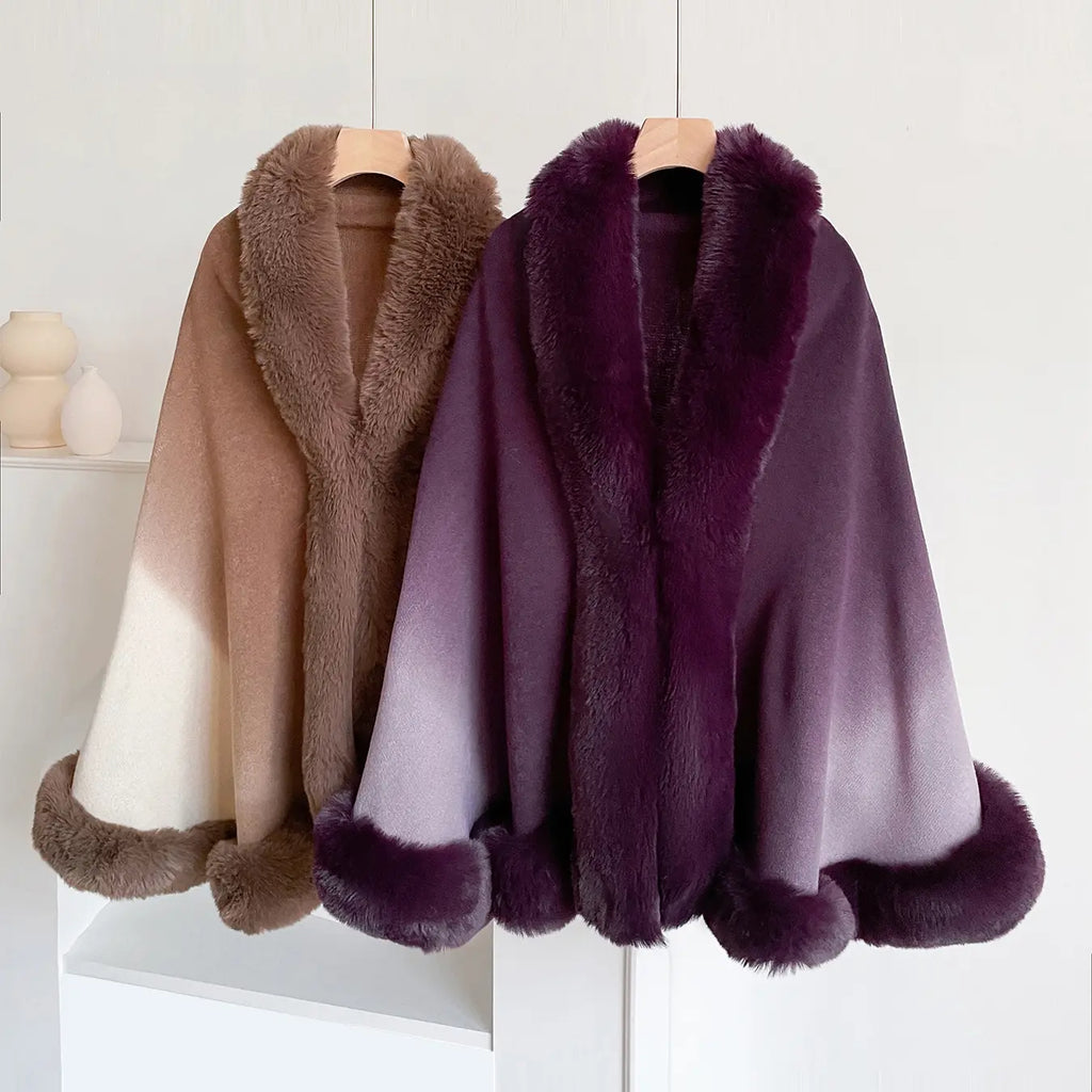 Purple Gradient Cape Wrap with Faux Fur Trim