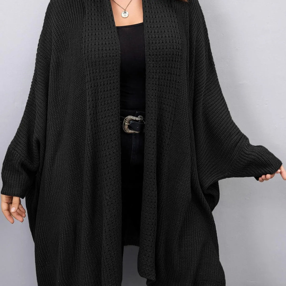 Black Ribbed Knit Open Front Batwing Cardigan