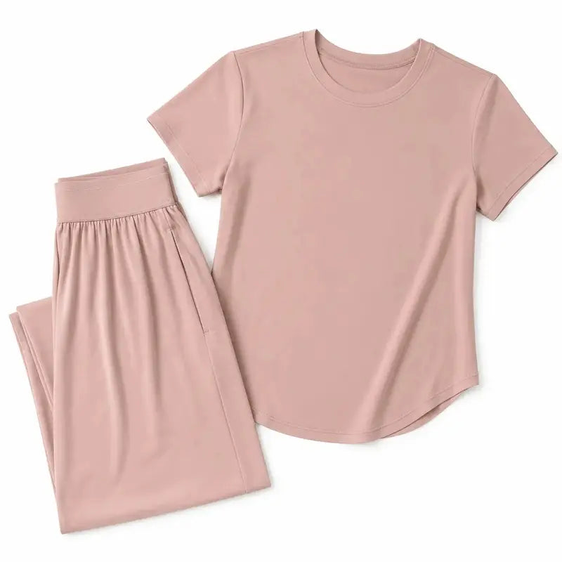 Dusty Pink Short Sleeve Top and Wide Leg Pants Set