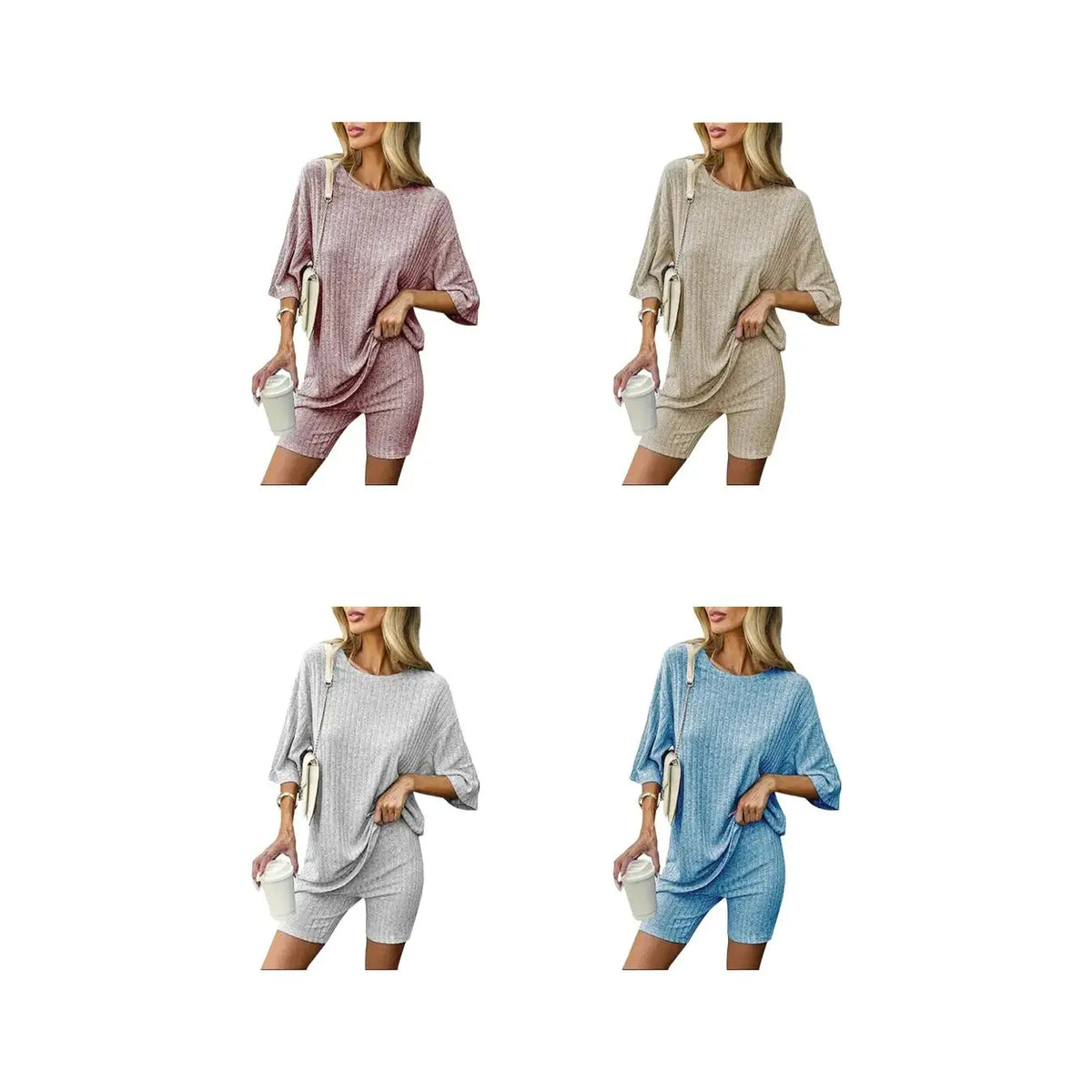 Oatmeal Ribbed Tee and Biker Shorts Set