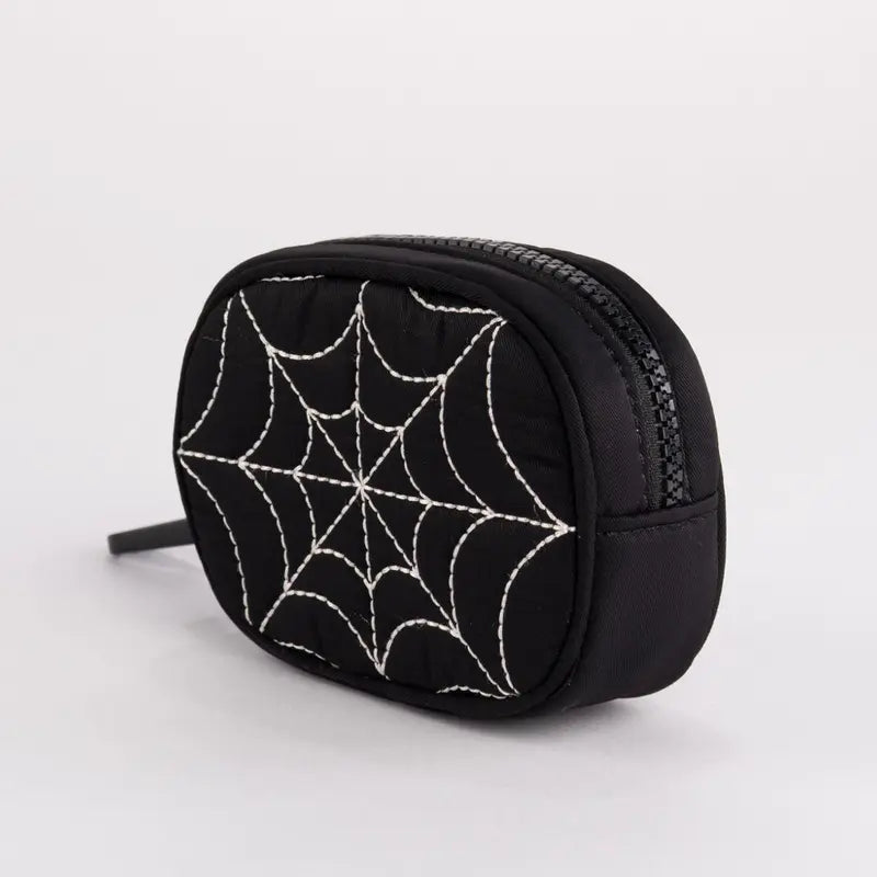Black Quilted Zip Pouch with Green Web Stitching