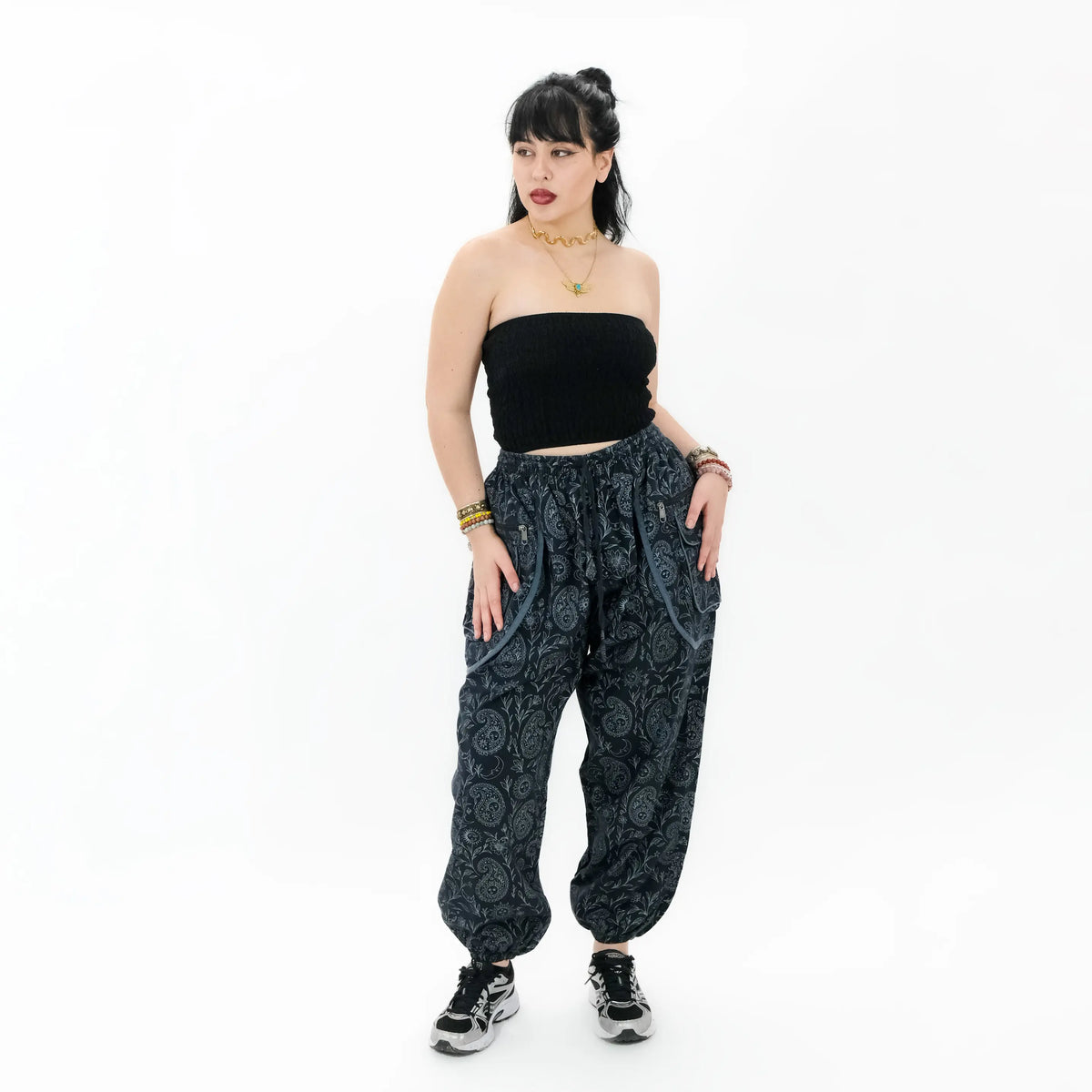Black Paisley Print Harem Pants with Pockets