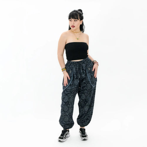 Black Paisley Print Harem Pants with Pockets