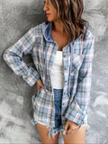 Blue Plaid Hooded Button Front Shirt Jacket