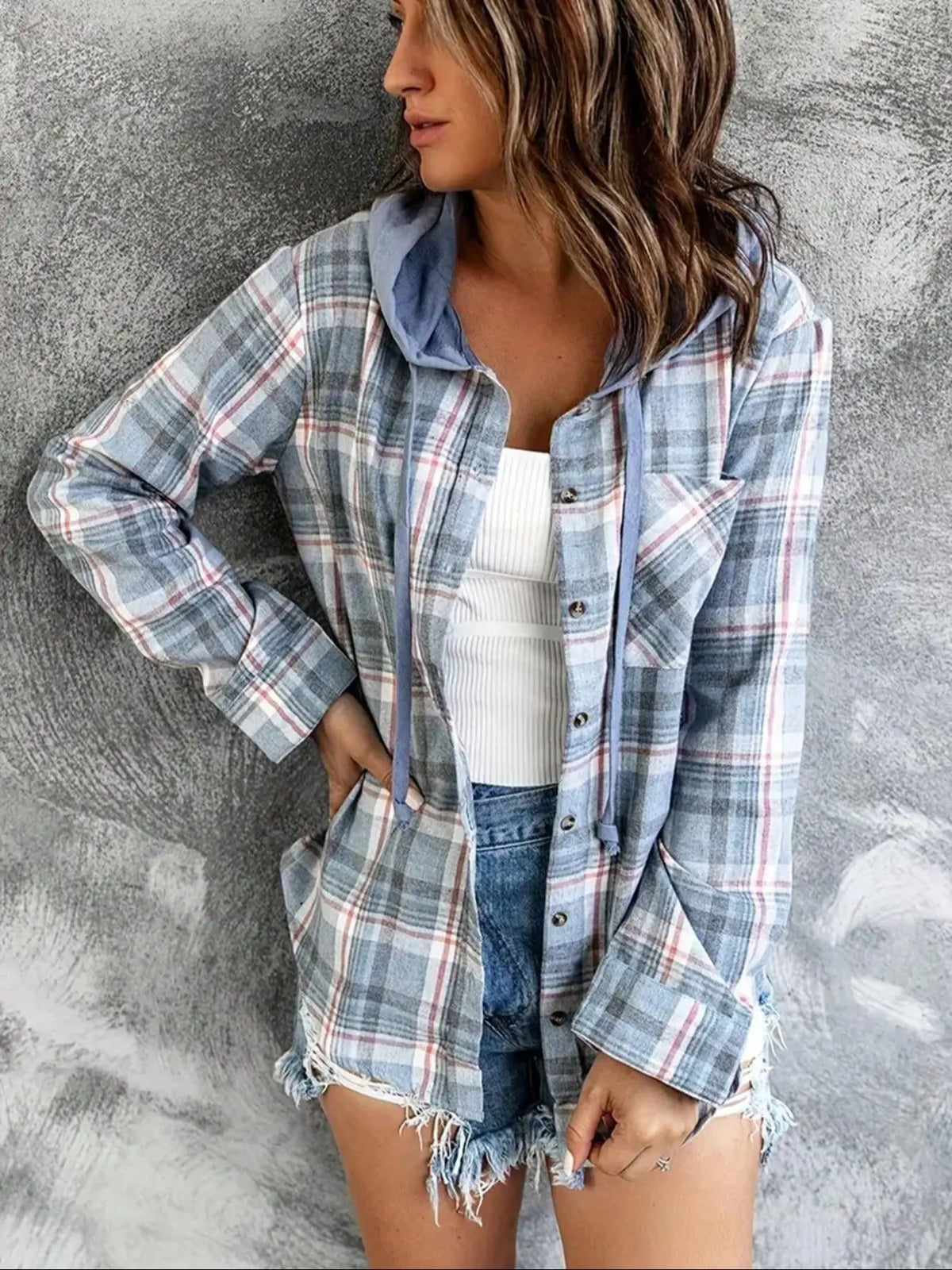 Blue Plaid Hooded Button Front Shirt Jacket