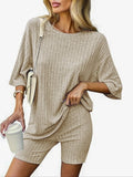 Oatmeal Ribbed Tee and Biker Shorts Set