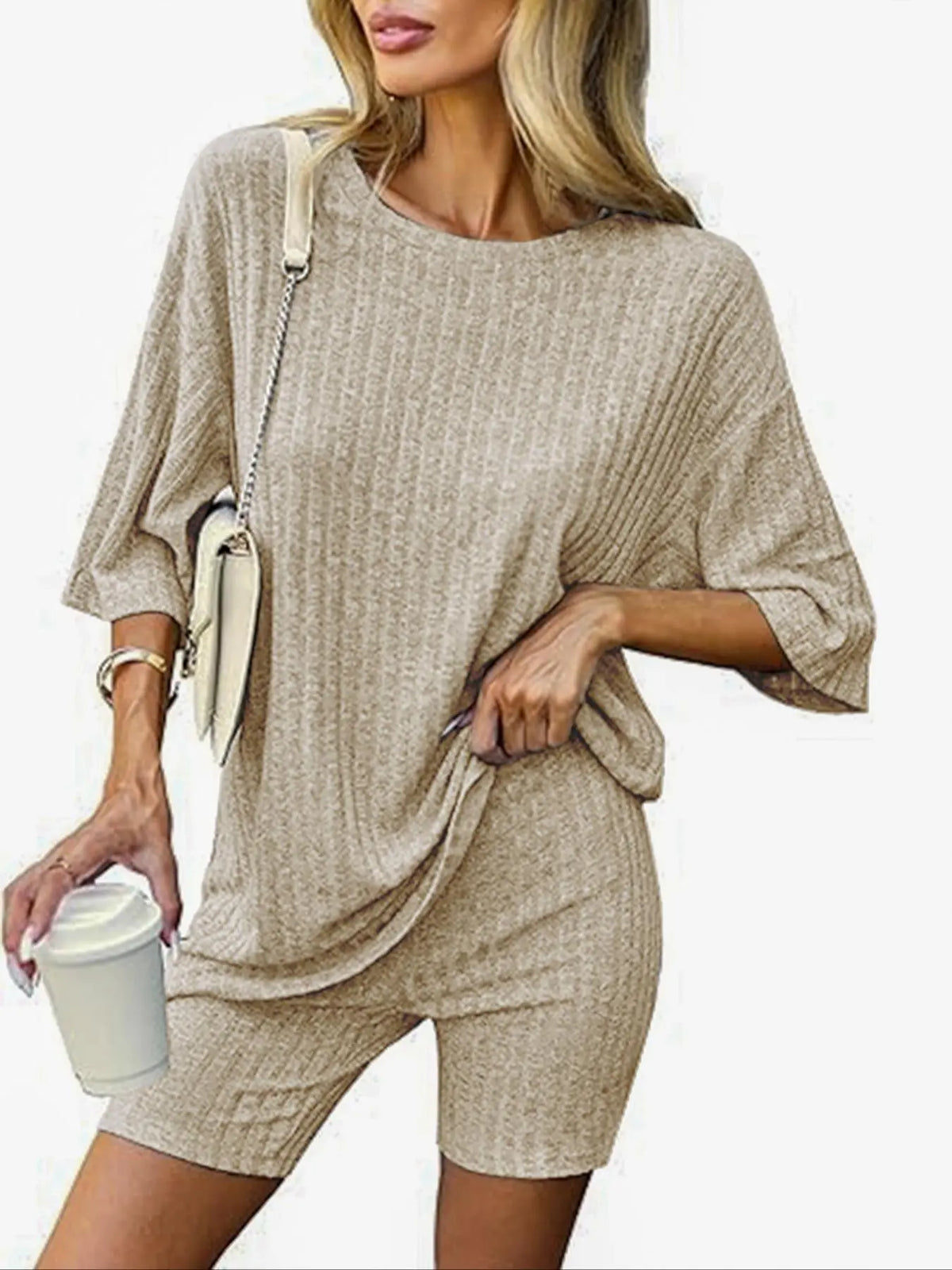 Oatmeal Ribbed Tee and Biker Shorts Set