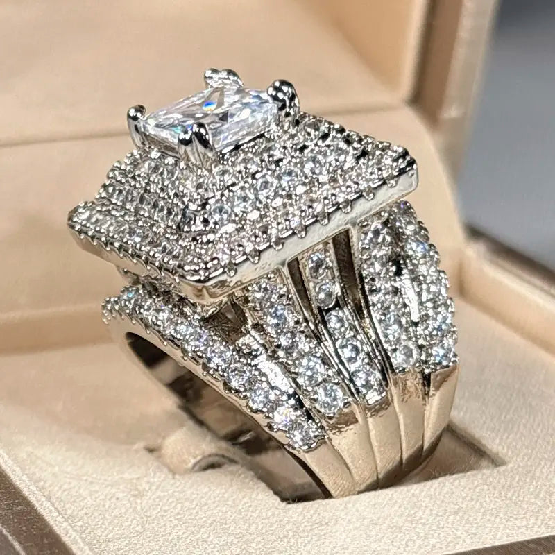 Silver-Tone Ring with Square Clear Stone Cluster