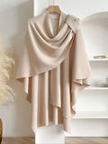 Beige Knit Draped Shawl Wrap with Shoulder Tab