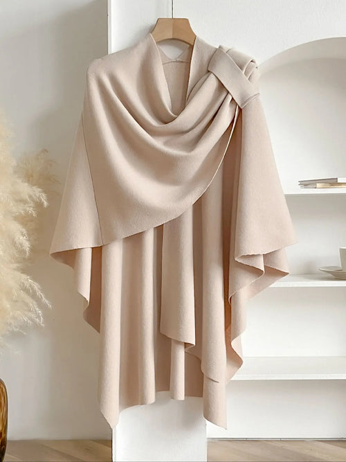 Beige Knit Draped Shawl Wrap with Shoulder Tab