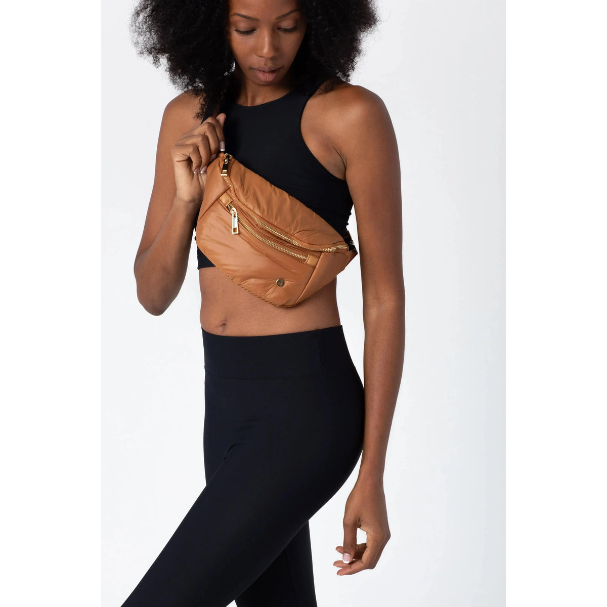 Tan Quilted Belt Bag with Gold Zippers