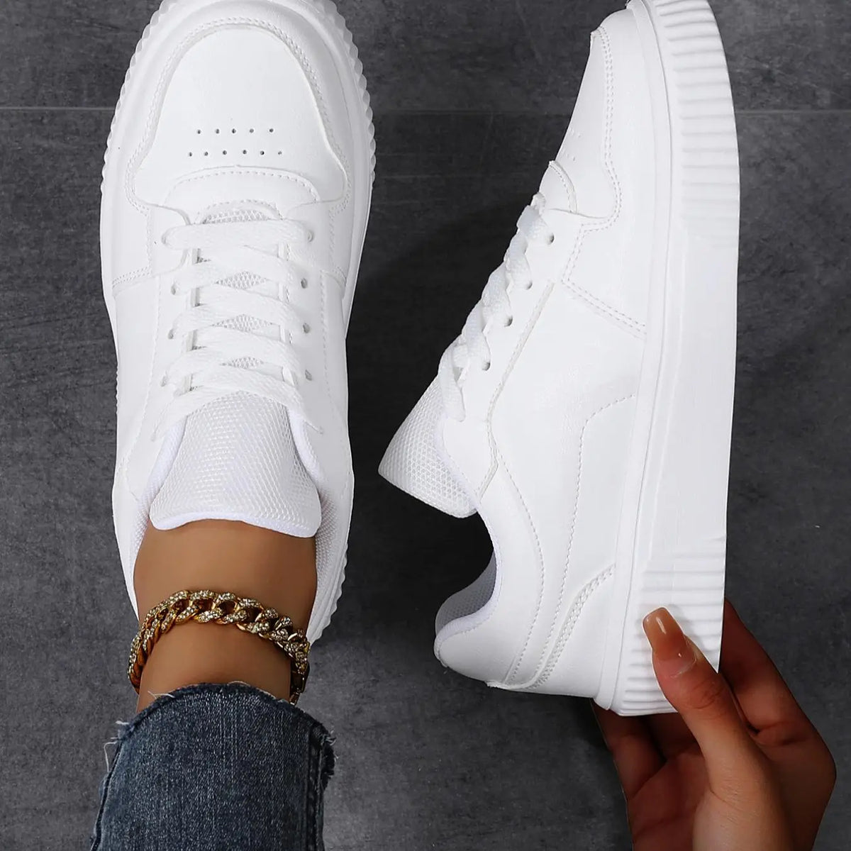 White and Beige Lace-Up Platform Sneakers