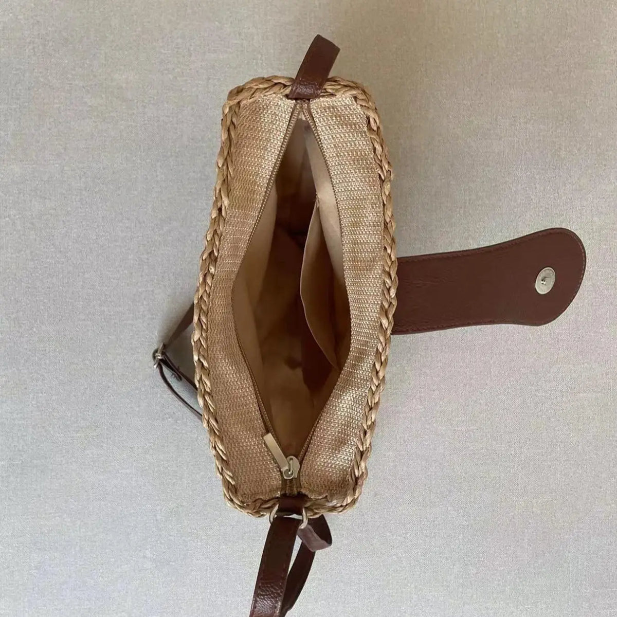 Half-Round Woven Straw Crossbody Bag with Flap