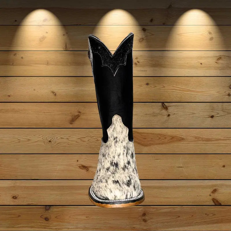 Cowhide Print Western Boots With Black Leather Shaft